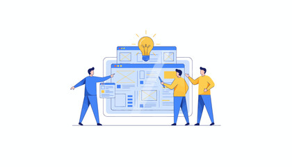 Collaborative UI/UX Design Team Brainstorming a New Digital Concept and Web Development Strategy with Innovation Lightbulb