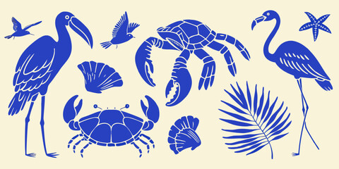 Collection of blue silhouette tropical beach animals and plants on a cream background