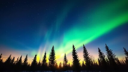 Vibrant green aurora borealis illuminating a dark night sky over a silhouette forest of evergreen trees natural phenomenon - Powered by Adobe