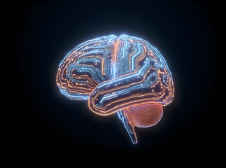 3D render of a glowing digital brain with circuit board patterns.