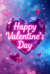 Bright 3D heart with glowing neon “Happy Valentine’s Day” text, surrounded by floating pink hearts and sparkling bokeh lights. Romantic festive background perfect for Valentine’s greeting, love celebr