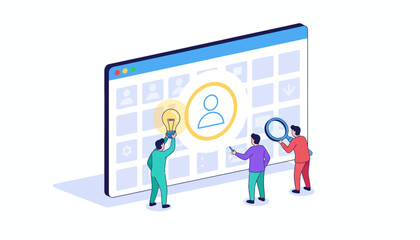 Isometric Team Analyzing User Profile Data, Generating New Ideas, and Optimizing Online Strategy.