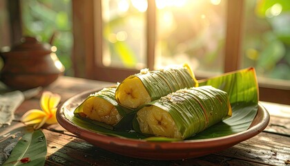 Sweet Banana Wrapped in Banana Leaves Garnished with White Sprinkles Served on a Rustic Plate with Soft Golden Hour Light Filtering Through a Window