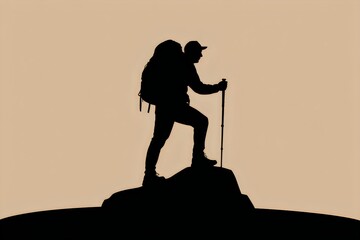 Illustration of a hiker's silhouette with a backpack on a mountain top.