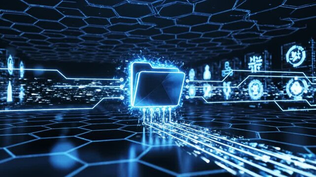 Glowing digital folder in futuristic environment, surrounded by hexagonal patterns and data icons, showcases advanced technology and effective data management within vibrant network