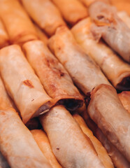 Decorated catering table, banquet with variety of different gourmet exquisite food snacks appetizers on corporate birthday party event or wedding celebration, canape, salad, delicatessen setting