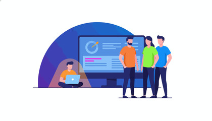 Agile Development Team Working on Digital Marketing Strategy and Data Dashboard Analysis in a Modern Office Environment