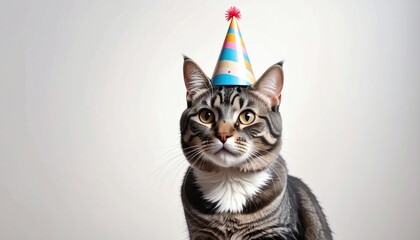 Tabby Cat Wearing Colorful Party Hat With Small Confetti Sprinkles On Its Face Looking Upwards On A White Background Studio Portrait