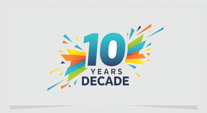 Dynamic graphic design commemorating a decade of achievement and milestones with vibrant artistic elements