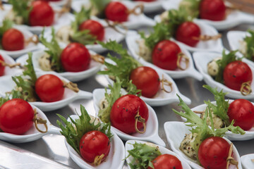 Decorated catering table, banquet with variety of different gourmet exquisite food snacks appetizers on corporate birthday party event or wedding celebration, canape, salad, delicatessen setting