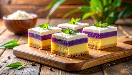 Thai Toddy Palm Cakes Topped With Shredded Coconut Presented On A Wooden Board With Mint Leaves In A Macro Food Photography Style With Soft Natural Lighting