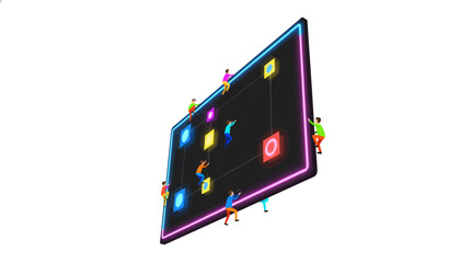 Collaborative Digital Network Management. Miniature figures climbing a neon screen, connecting data points, representing complex teamwork and technological infrastructure scaling.