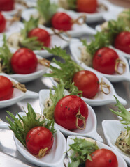 Decorated catering table, banquet with variety of different gourmet exquisite food snacks appetizers on corporate birthday party event or wedding celebration, canape, salad, delicatessen setting