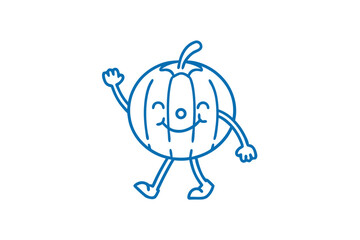 Cute melon character with cheerful smile waves hello as it walks forward happily