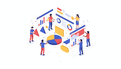 Isometric Data Analysis and Business Strategy Team Collaborating on Digital Metrics and Performance Reporting.