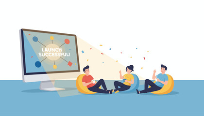Agile Tech Team Celebrating Successful Product Launch and Business Achievement. Vector Illustration of Digital Success.