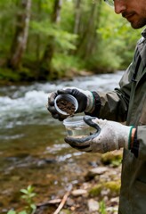 Photograph of an environmental scientist collecting a soil sample by a forest river.