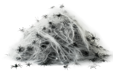Halloween themed pile of synthetic spider webs and plastic spiders for festive spooky decor isolated on white background PNG