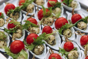Decorated catering table, banquet with variety of different gourmet exquisite food snacks appetizers on corporate birthday party event or wedding celebration, canape, salad, delicatessen setting