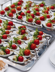 Decorated catering table, banquet with variety of different gourmet exquisite food snacks appetizers on corporate birthday party event or wedding celebration, canape, salad, delicatessen setting