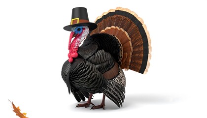 Festive Thanksgiving Turkey with Pilgrim Hat on White Background.