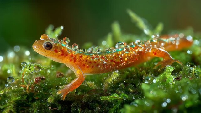 露に濡れる苔上のヤモリ