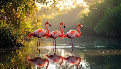 Three pink flamingos stand in shallow water reflecting their images during sunrise with lush green foliage in the background creating a serene natural landscape.