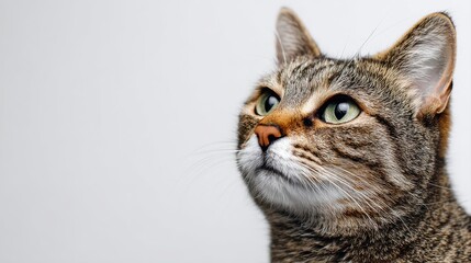 Studio portrait of a sitting tabby cat looking forward against a white back ground