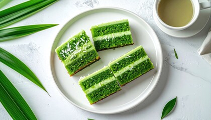 Three Slices of Layered Green Cake with White Filling and Coconut Flakes on a White Plate with Green Leaves and a Cup of Tea on a White Background