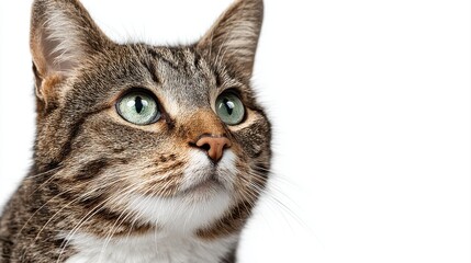Studio portrait of a sitting tabby cat looking forward against a white back ground