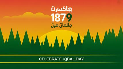 Iqbal day celebration graphic with pakistani national colors and landscape
