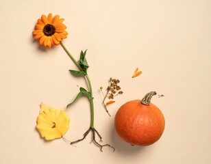 Autumnal Still Life - Pumpkin, Flower, and Dried Elements.
