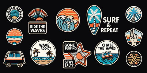 Naklejka premium Collection of retro surf style stickers featuring waves palm trees and van life motifs