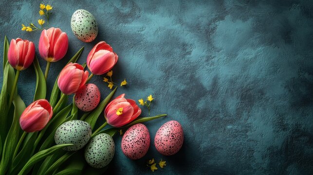 Arrangement of tulips and speckled eggs against a textured blue backdrop artful