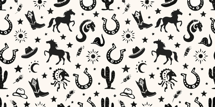 Seamless western pattern with horseshoes cowboy hats boots cacti and suns