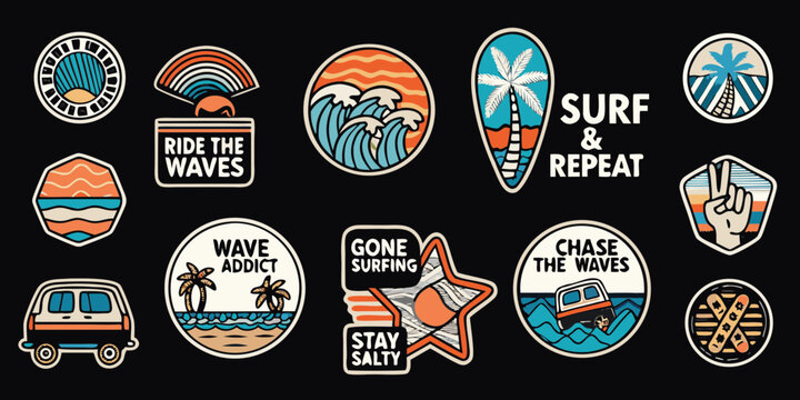 Collection of retro surf style stickers featuring waves palm trees and van life motifs