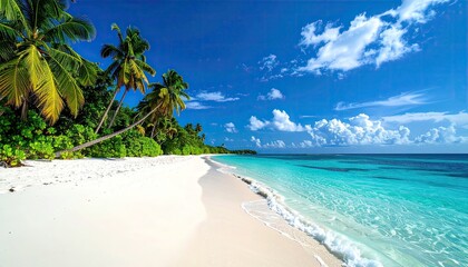 Tropical Beach Paradise with White Sand Turquoise Water Lush Green Palm Trees and a Clear Blue Sky with White Clouds