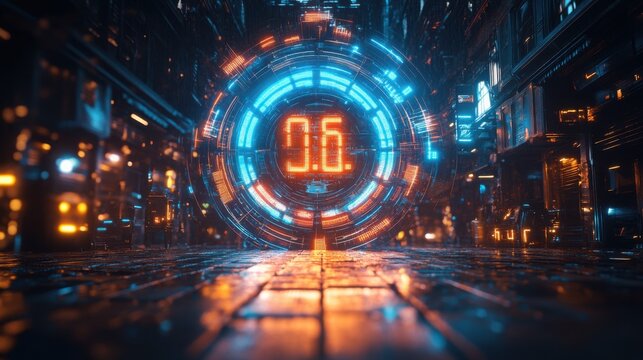 Glowing portal with orange numbers in a futuristic city at night with blue lights