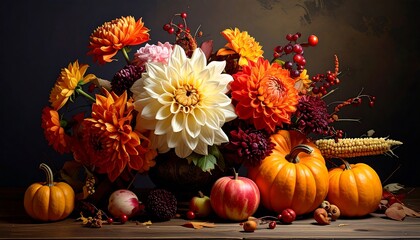 Autumnal Abundance - A Harvest Still Life with Flowers and Pumpkins.