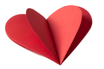 A vibrant red paper heart unfolds, its intricate layered design creating a sense of depth and dimension against a clean white background