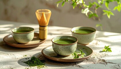 Two Cups of Vibrant Green Matcha Tea Prepared with a Bamboo Whisk on a White Table with Morning Sunlight Streaming and Greenery