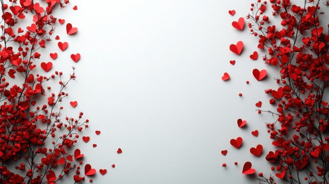 Festive arrangement with heart shaped decorations and branches on white surface