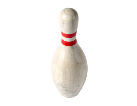 classic wooden bowling pin with double red stripes scuffed surface and visible grain on isolated background