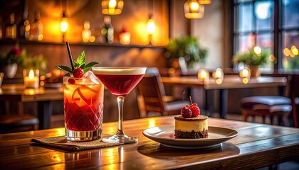 Two Red Cocktails and a Dessert on a Wooden Table in a Cozy Restaurant with Warm Lighting and Bokeh Background
