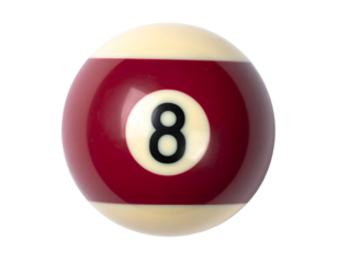 vintage number 8 billiard pool ball with red and cream design and glossy finish on isolated background