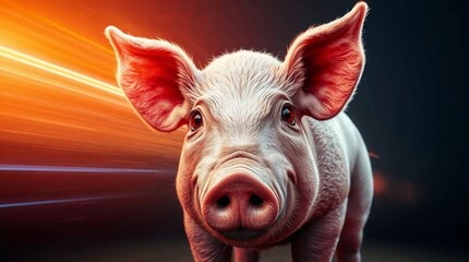 Realistic pig portrait with expressive eyes and detailed features, dynamic background concept
