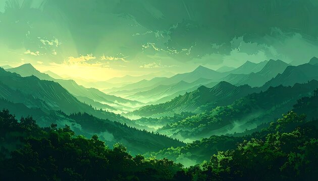 A serene landscape reveals layers of green mountains under a dramatic sky, bathed in a warm, ethereal light. The scene evokes peace