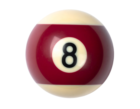 vintage number 8 billiard pool ball with red and cream design and glossy finish on isolated background