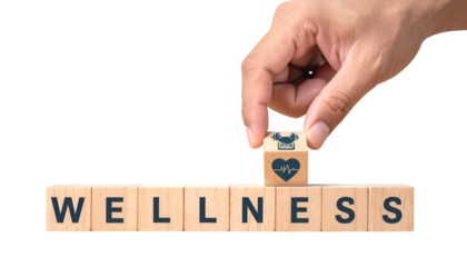 Hand places a cube with heart/weight icons atop "WELLNESS" blocks