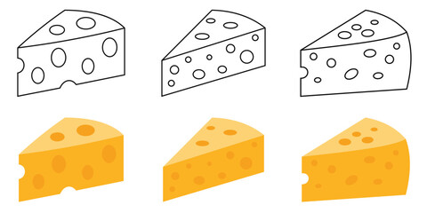 Swiss Cheese Wedge Icon Set – Minimal Line and Flat Vector Illustrations 
of Dairy Food Slice, Emmental Cheese Block, and Gourmet Snack Symbols